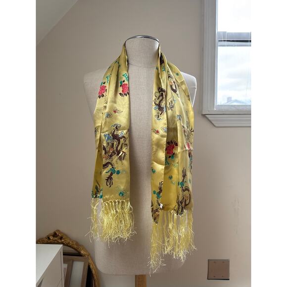 Vintage Japanese Bird and Dragon Printed Brocade Scarf with Fringe in Yellow - Picture 1 of 2